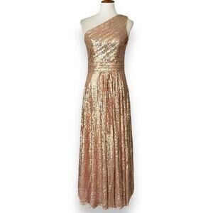 Kate Kasin Rose Gold Sequined Asymmetric Maxi Prom Dress Size US 6